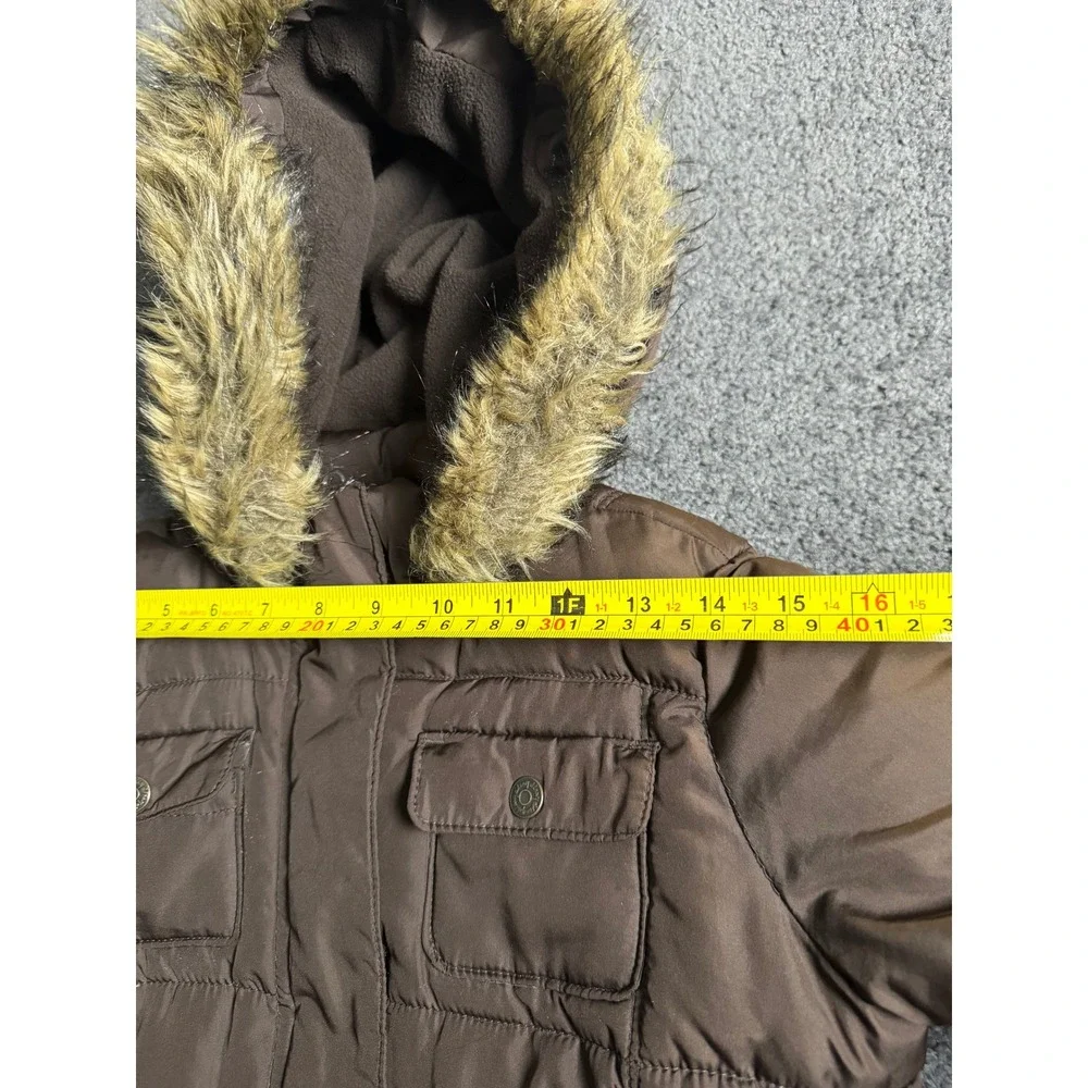 Old Navy Boys XL 14 Brown Puffer Jacket Faux Fur Hood Fleece Lined 856599-01